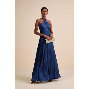 Lulus Canley Blue Satin Cross-front Halter Maxi Dress - Size XS